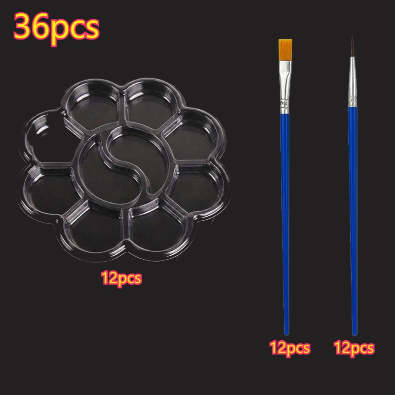 TEMU 36pcs Paint Palette And Brush Set, 12pcs Trays And 24pcs Paintbrushes (12pcs Flat And 12pcs Round) For Watercolor Acrylic Painting, Color Mixing