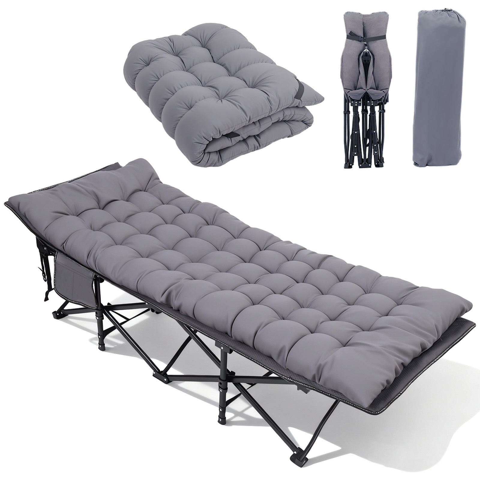   campingbett, faltbares campingbett, faltbares gästebett bis zu 200 kg, mit seitentasche, tragbares campingbett, outdoor, garten, reise, camping, indoor