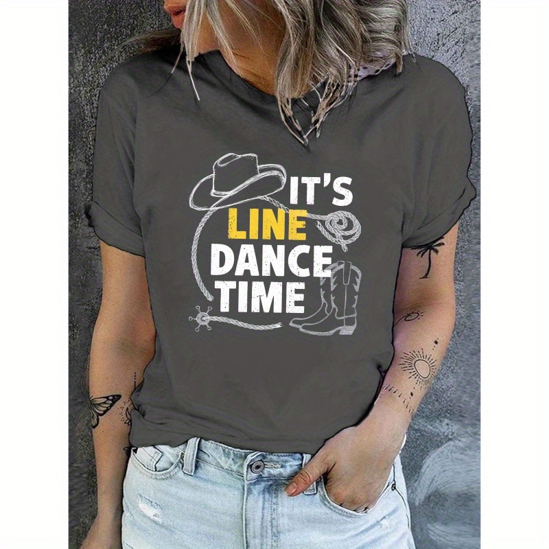 

Women's "it' " Graphic T-shirt - Green Short Sleeve Crew Neck Casual Top With Cowboy Rope And Boots Print, Polyester , Summer & Spring