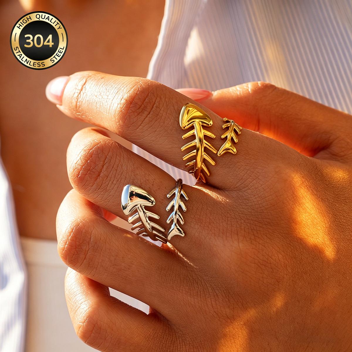 18K Gold Plated Fishbone Open Ring, Ocean Style