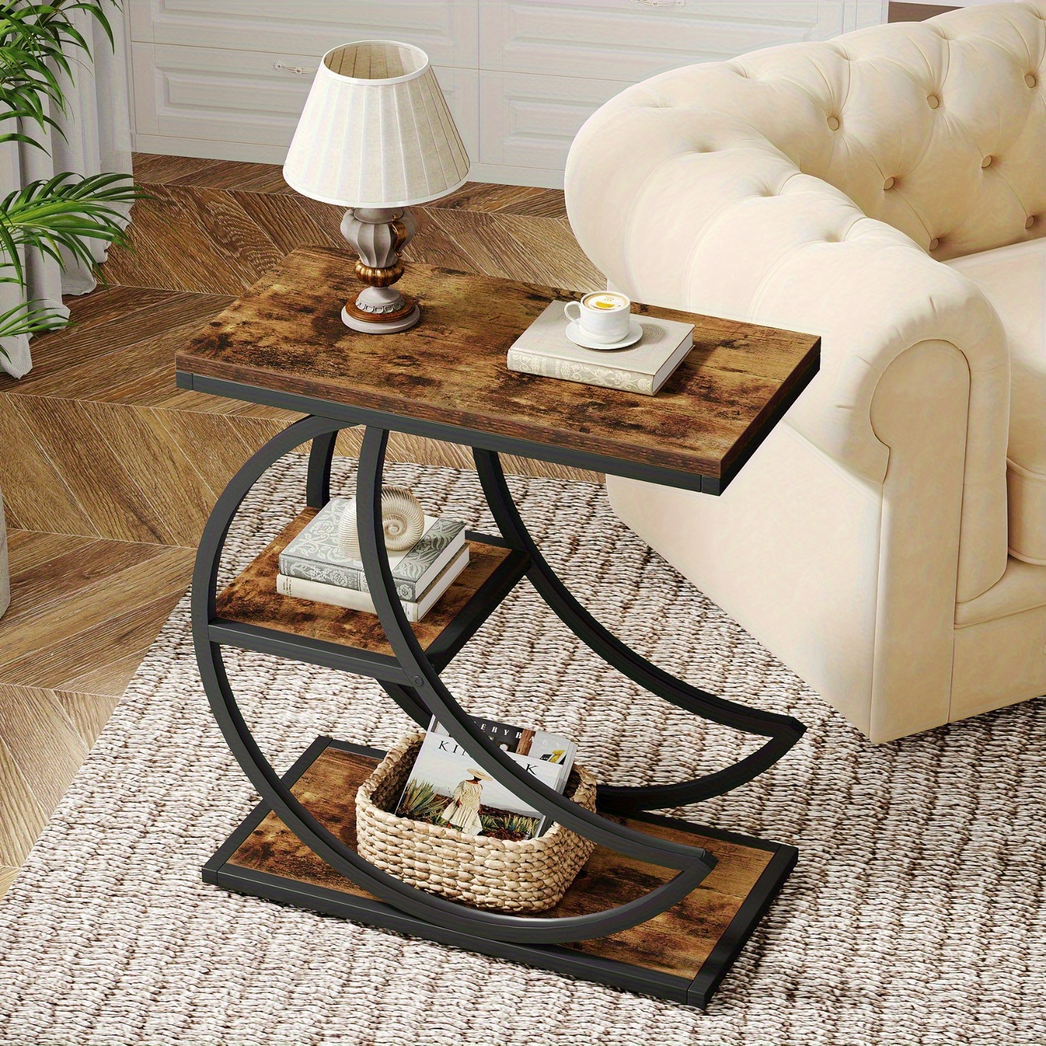 Industrial Side Tables With 3 Storage Shelves, 3-tier End Table, Couch Side Desk With Half Metal Frame For Living Room, Bedroom, Rustic Brown (1)