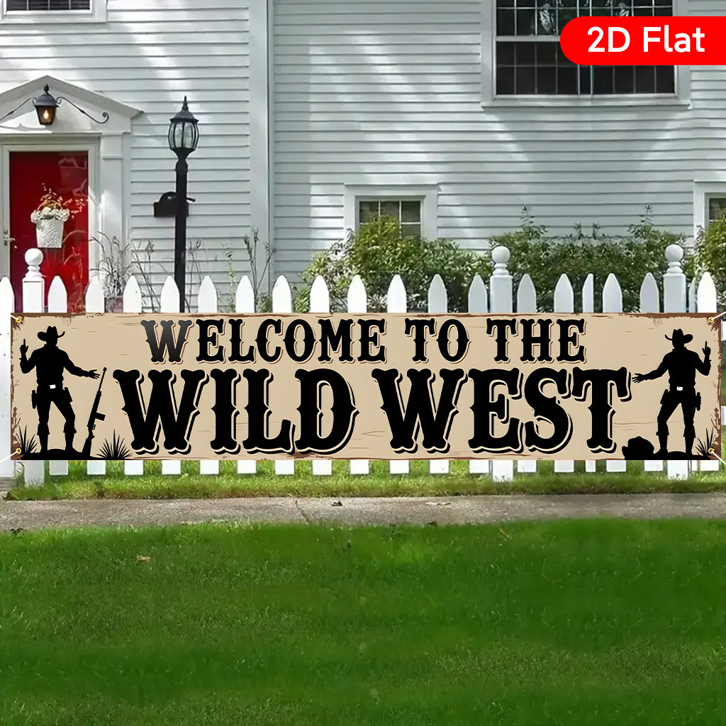 E-shop 2D-Flach, . Wildwest-Willkommens-Banner (17,7x78,7 Zoll) mit Western-Illustrationen auf strapazierfähigem Material. für Mottopartys, diese