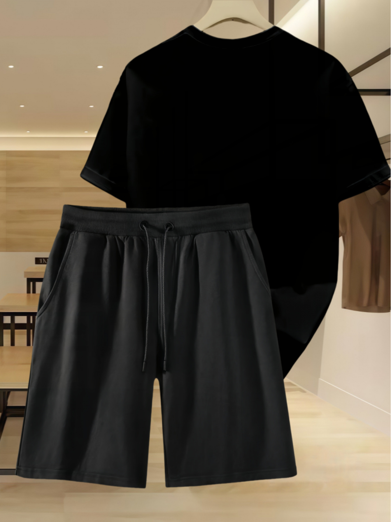 2pcs Casual Sportswear Set High-Quality Drawstring Shorts and Crew Neck Loose Solid Color T-Shirt Black Tee + Black Shorts Casual Short Sleeve Top and Beach Pants Bottoms Comfortable Unisex Summer Outfit