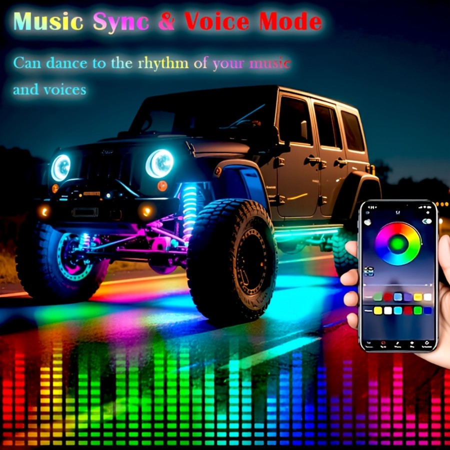 TEMU 4pcs Car Underbody Neon Light Strip, 60x90cm, Rgb 8-color Sound-activated , App-controlled 16 Million Colors . Underbody Light Strips Suitable
