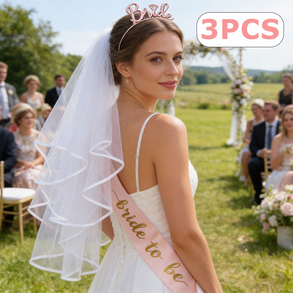 3pcs Women's Wedding Veil, Headband, And Sash Set, Detachable Semi- Veil, Photography Accessories