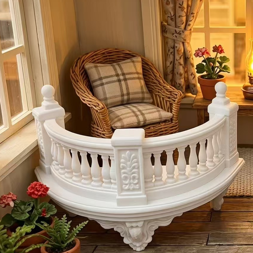 TEMU Vintage European Miniature Balcony Display Stand With Curved Railing - Suitable For Dollhouse Accessories, Mini Balcony Model For Dollhouse