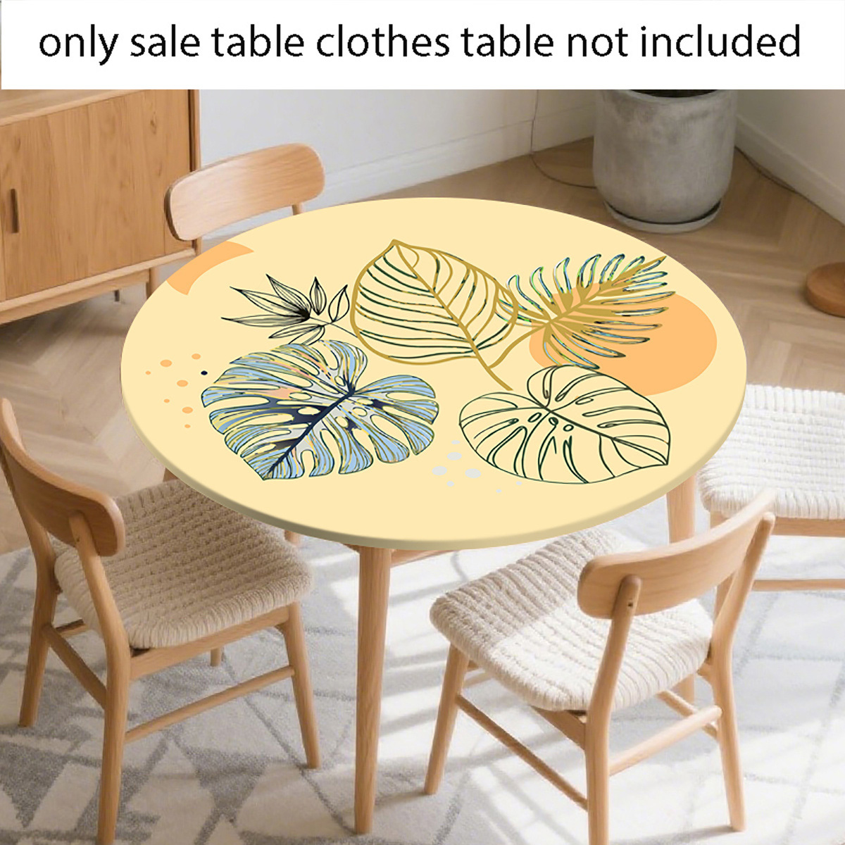 TEMU 1pc Stretch Round Tablecloth, Light Yellow Tropical Leaf Pattern, Household Stretch Full-wrap Non-slip And Hem, Washable, Ideal For Kitchen