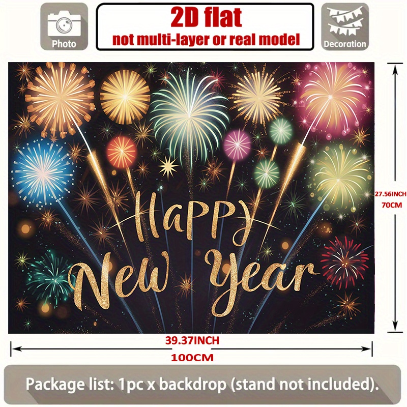 TEMU 2d Flat, 1pc Happy New Year Fireworks Party Banner - Vibrant 2d Flat Firework Display With Golden "happy New Year" Text, Polyester Backdrop For