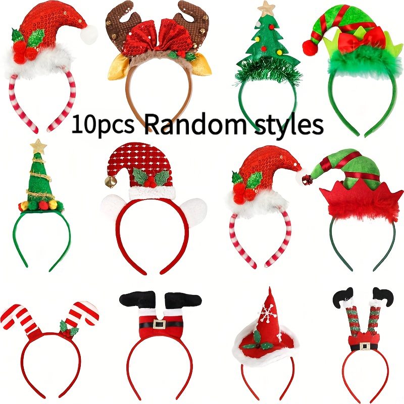 TEMU 10pcs Christmas Headbands With Santa Hats, Reindeer & Tree Decorations - Plastic Party Headband Caps Suitable For Xmas, New Year, Birthday