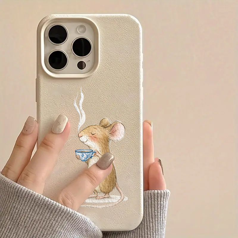 TEMU Phone Case: Cute Hand-drawn Mouse Holding Tea Cup Pattern Large Hole Phone Case With And Convex Texture Of Uv Printing Technology, 360 Degree