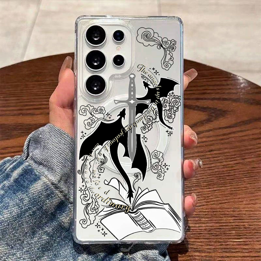 TEMU Phone Case - Cartoon Translucent Book With Sword And Dragon Black Sketch Phone Case For For Galaxy S26 S25 S24 S23 S22 S21 S20 Fe Note20 A57 A55