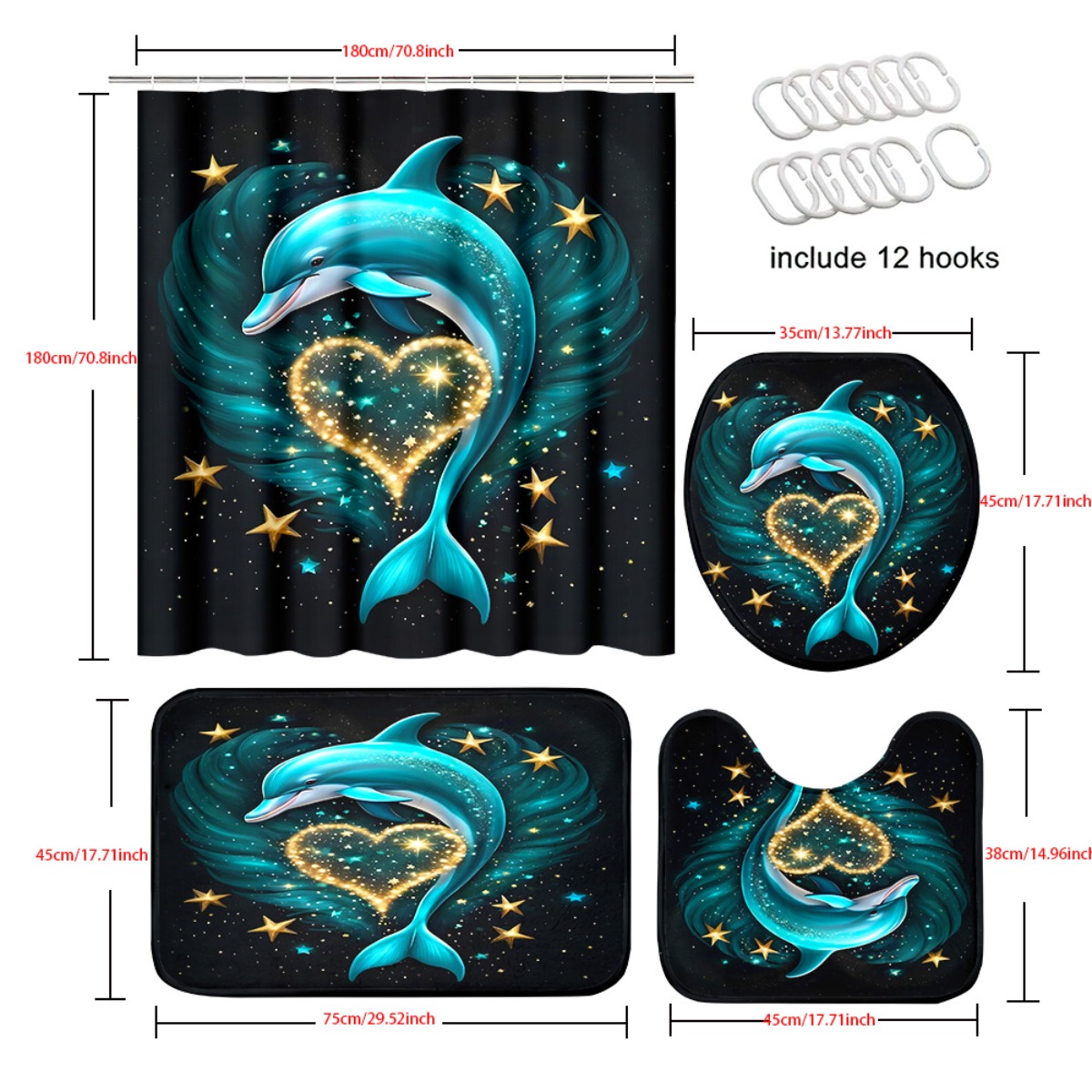 4pcs Dolphin Heart Pattern Shower Curtain Set with Hooks