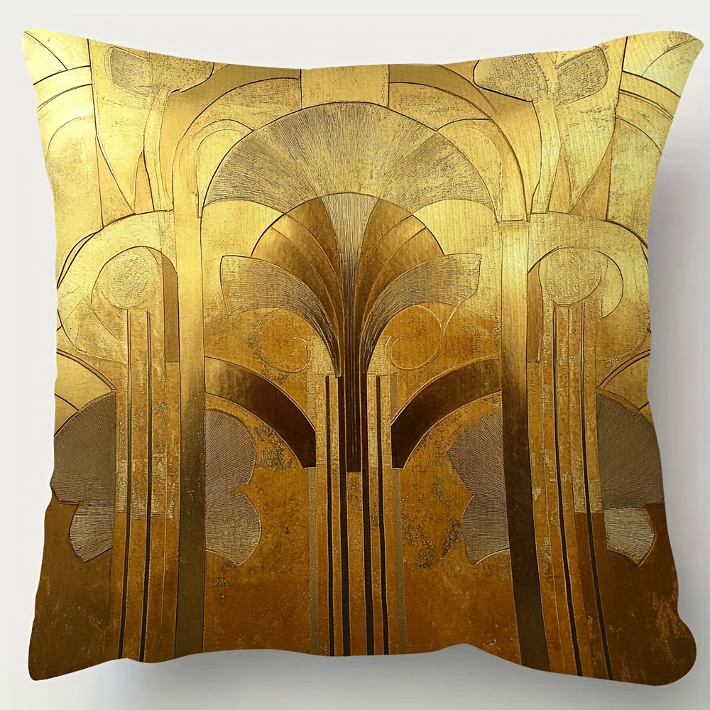 TEMU 1 taie d'oreiller, taie d'oreiller dorée Art Déco, motif imprimé simple face, fermeture éclair, courte housse de coussin en peluche, lavable en