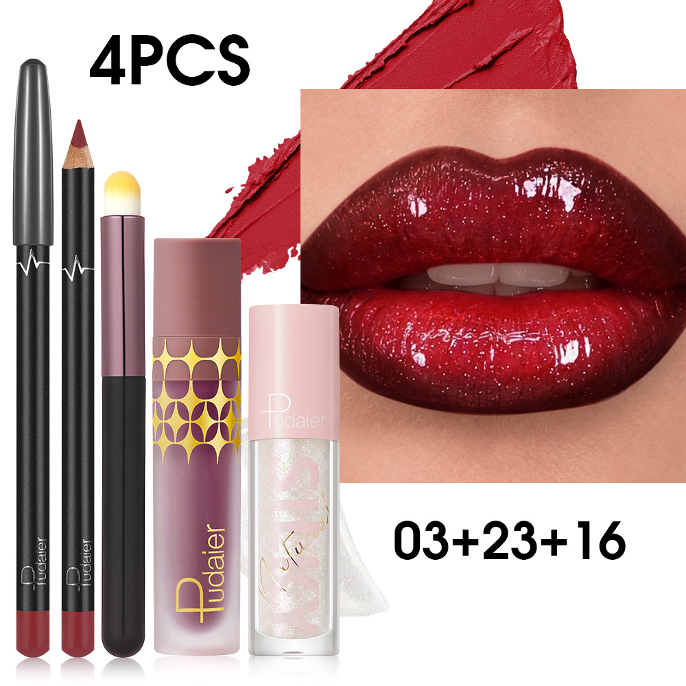 Pudaier 4pcs Lip Liner + Matte Lip Gloss + Silver Sparkle Lip Gloss + Lip Brush, 8 Color Combinations, 24h Waterproof & Transfer-proof, Non-sticky Long Lasting, Gift For Women Makeup For Women