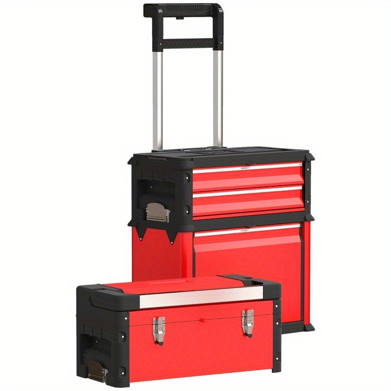   Heavy-Duty Rolling Tool Cart with 3 Modular Units,   Toolbox with Handle, 2 Drawers & 2 Shelves, 4-Wheel Mobile Storage Wagon for Workshop, Garage,  , Tool Storage, Sleek Metallic  , Sturdy Construction