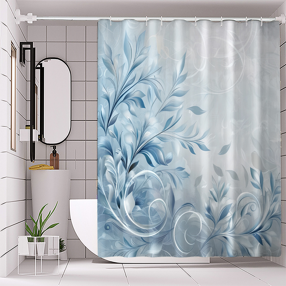 

1pc Elegant Blue Floral Polyester Bath Curtain, Water-resistant Woven Fabric With Hooks, Machine Washable Artistic Pattern Bathroom Divider -