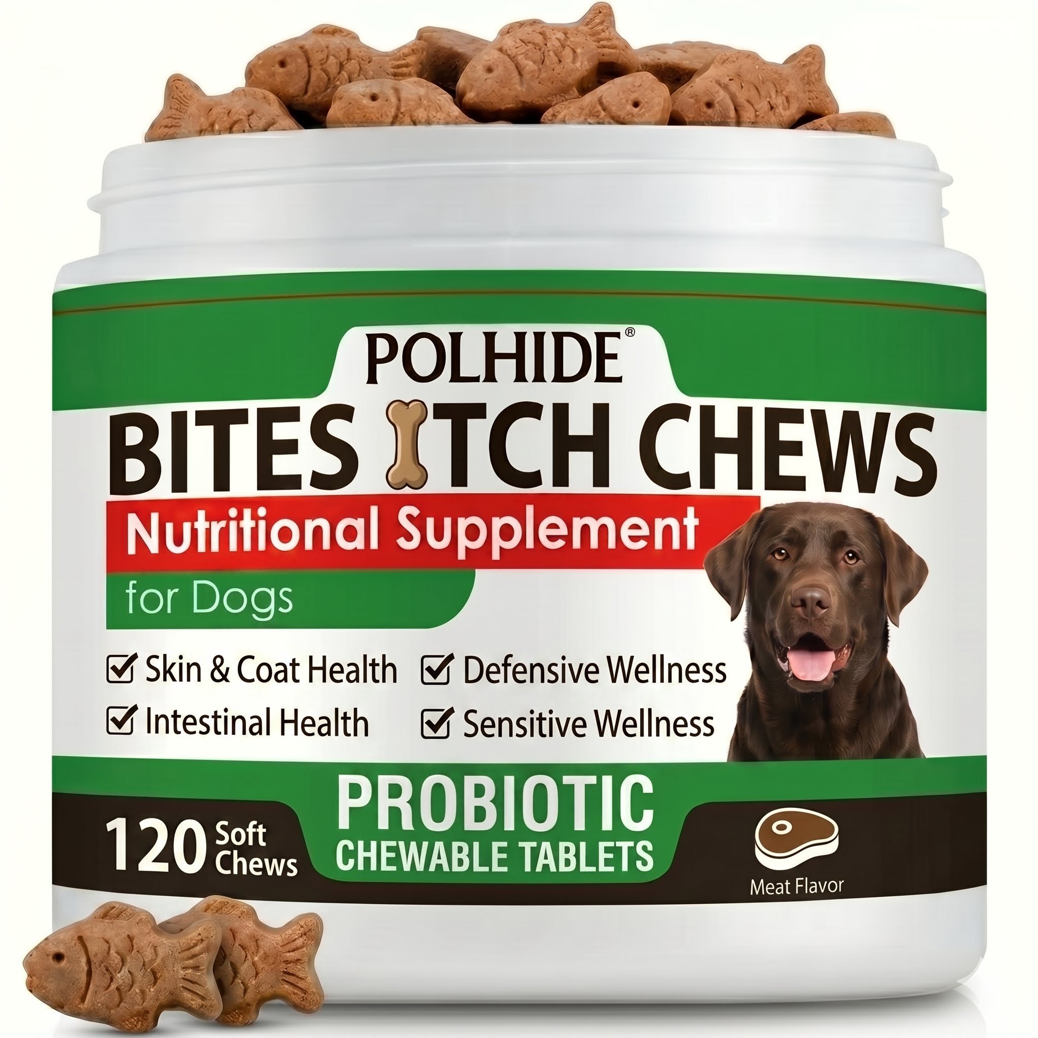 120 Bites Yeast Probiotics Chews Nutritional Supplement For Dogs- Meat Flavor, Skin& Coat Health, Wellness, Intestinal Health, Sensitive Wellness, All Ages Suitable