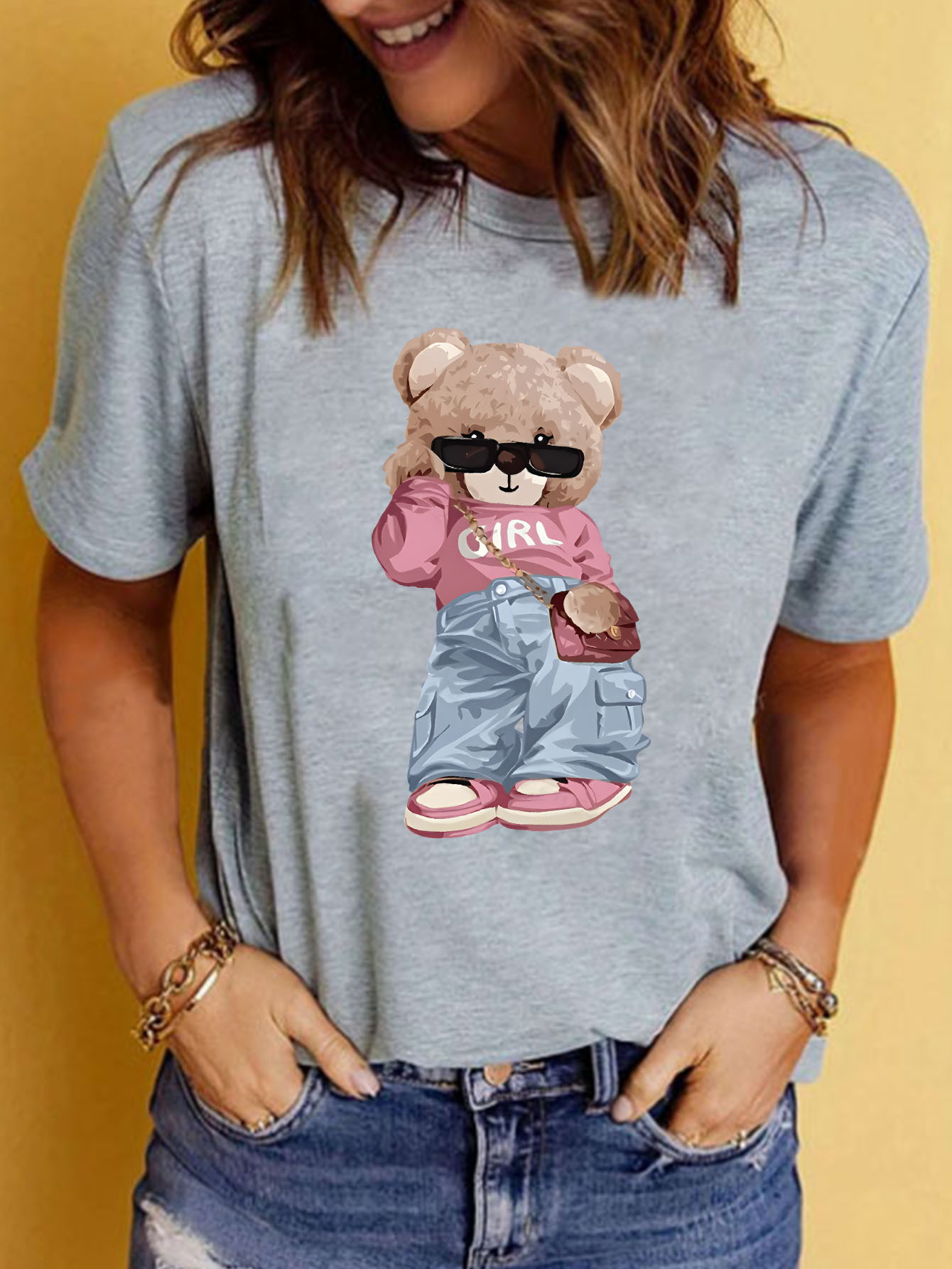 womens grey cute teddy bear print t shirt pink bow fashion Temu