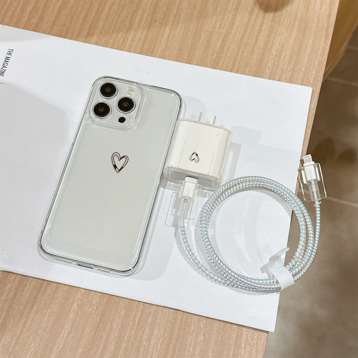 TEMU Phone Case: 6pcs Space Transparent Fashion Creative Exquisite Heart Pattern Phone Case Set With Charger Head Cover, Cable Protector, Storage