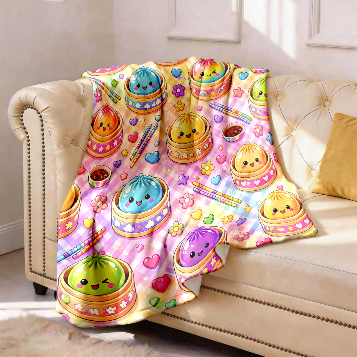 Macaron Checkered Cartoon Flannel Blanket