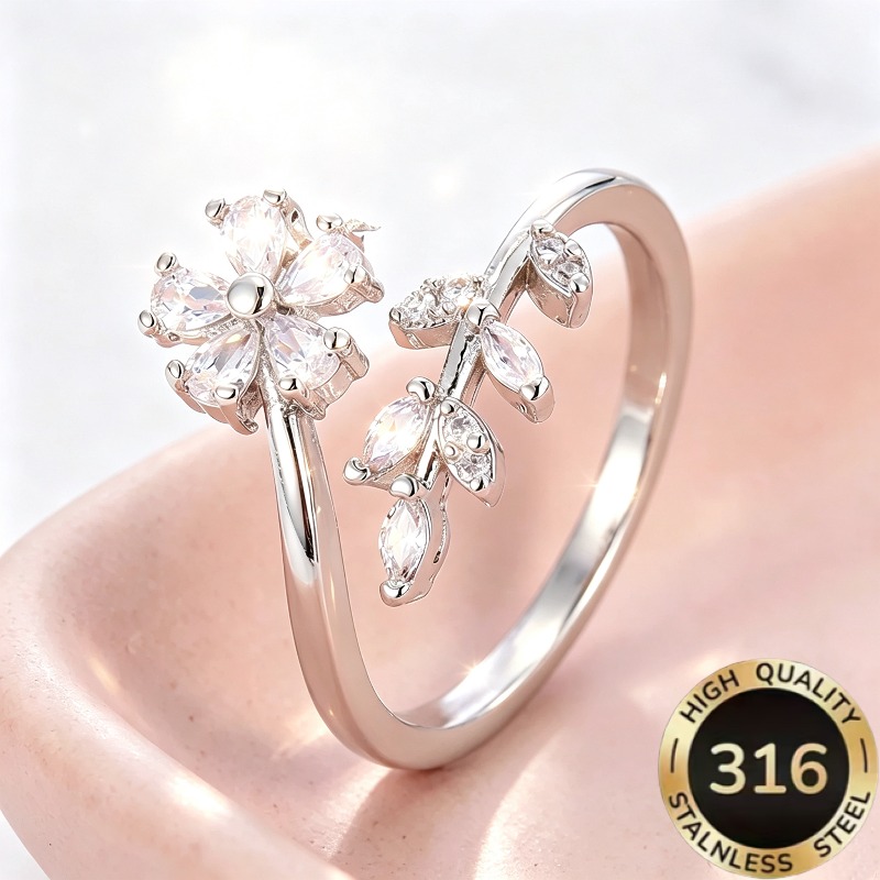 TEMU 1pc High Quality Open Adjustable Steel Hypoallergenic Light Luxury Elegant Sparkling Clover Five-petal Flower Leaf Shape Design With Synthetic