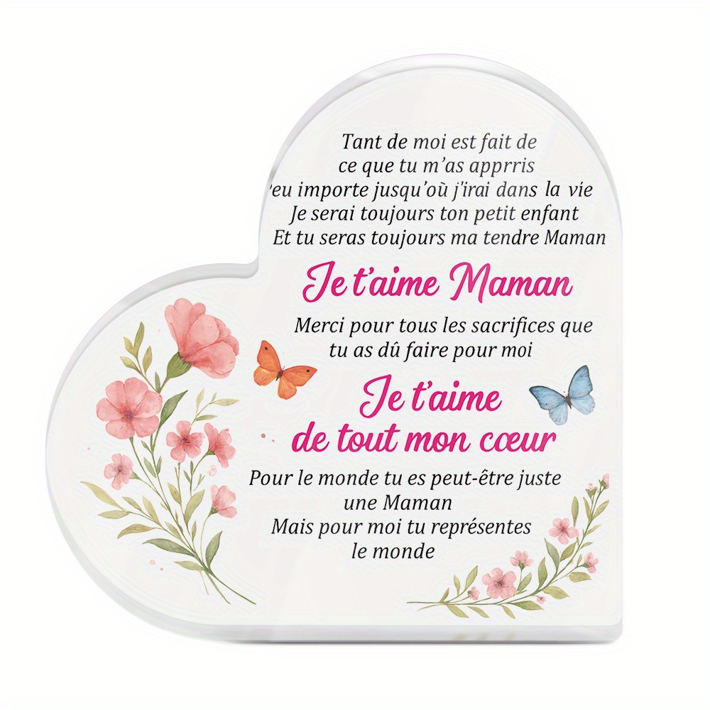 TEMU 2d Flat, 2d Flat Putuo Decor 1pc French Heart-shaped Acrylic Sign Table Decor, You Represent The World, Desktop Decoration For Mom, Gift For