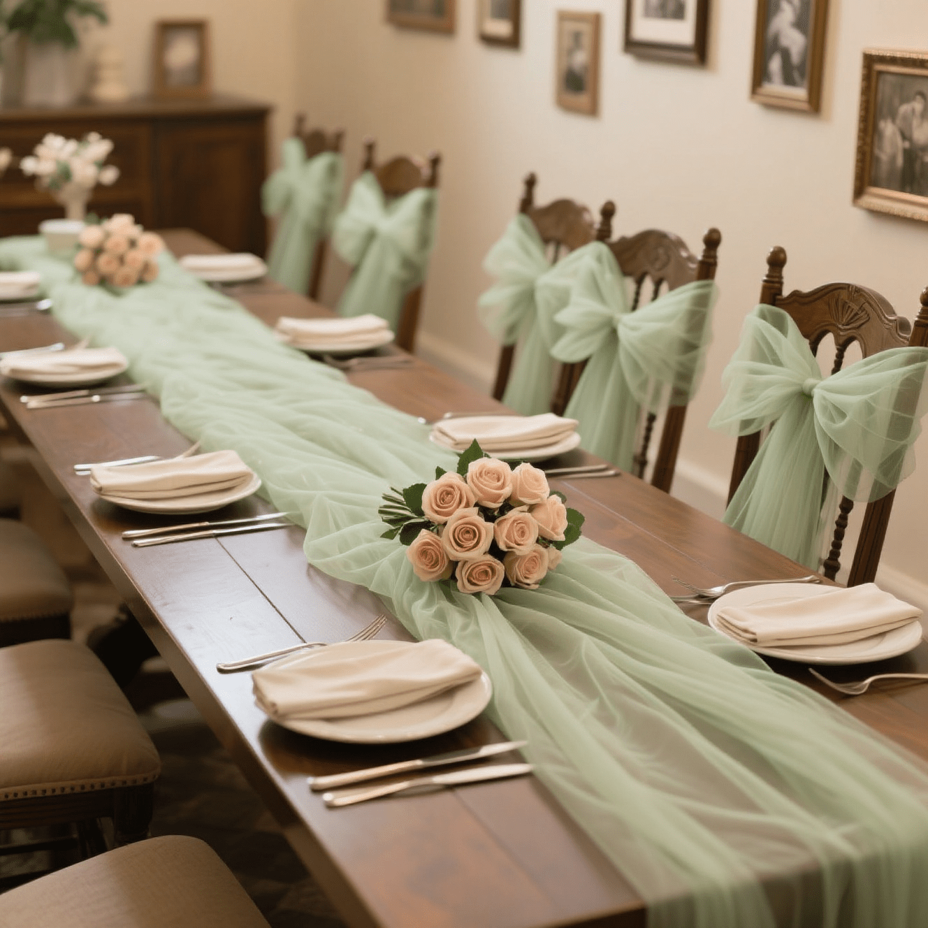 TEMU 1pc Elegant Wedding Party Table Runner, Soft Polyester Tulle Material, White/sage Green - Used For Table Centerpieces And Chair Back Sashes,