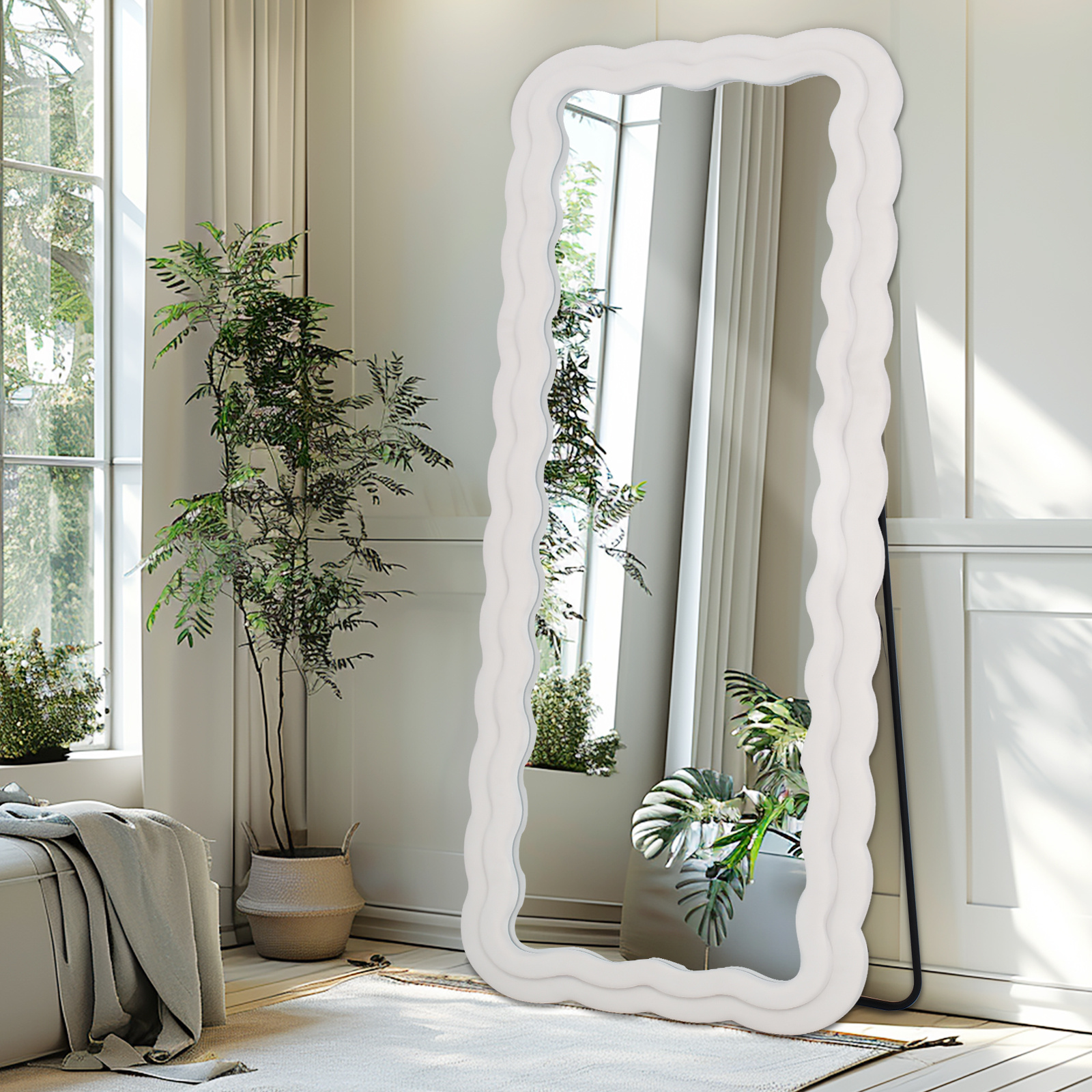 Mirror, Shaped With Wavy Edges, A Rectangular Floor Mirror, A Wall-mounted Mirror That Can Stand Or Lean Against The Wall, Suitable For A Bedroom, Featuring A Wooden Frame Wrapped In Flannel