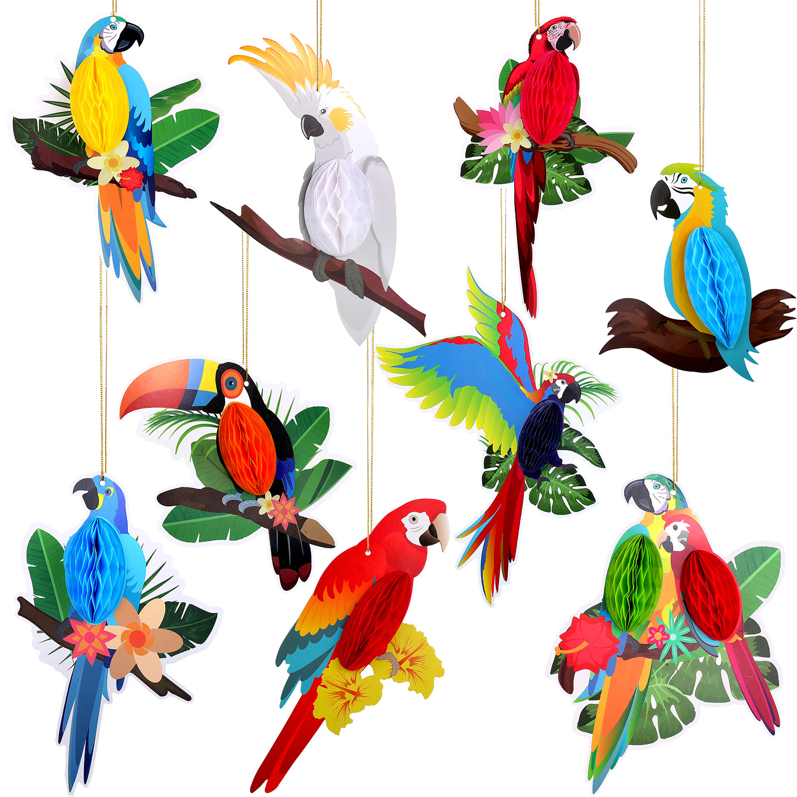 TEMU 9pcs Tropical Birds Honeycomb Paper Cutouts Rio Luau Party Hanging Decorations Rainforest Hanging Paper Birds Hawaiian Parrot Honeycomb Cutouts