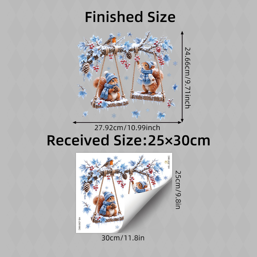 TEMU 1pc Christmas Winter Swing Squirrel Static Adsorption Window Stickers, Squirrel Bird Snowflake Pine Cone Christmas Glass Decor, Xmas Holiday