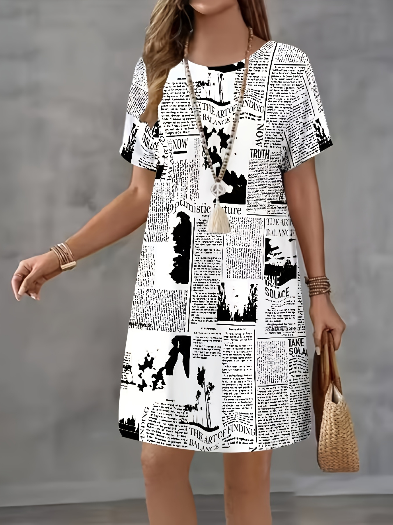 A Black And White Newspaper Print Dress, a Casual Mini Dress with Short  Sleeves for Women in Summer