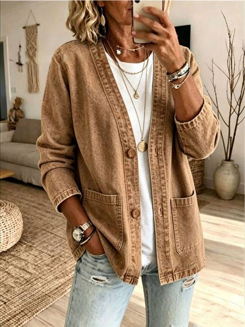 womens denim jacket deep v neck button front long sleeve dual side pockets loose fit casual outer coat fall outfits for women