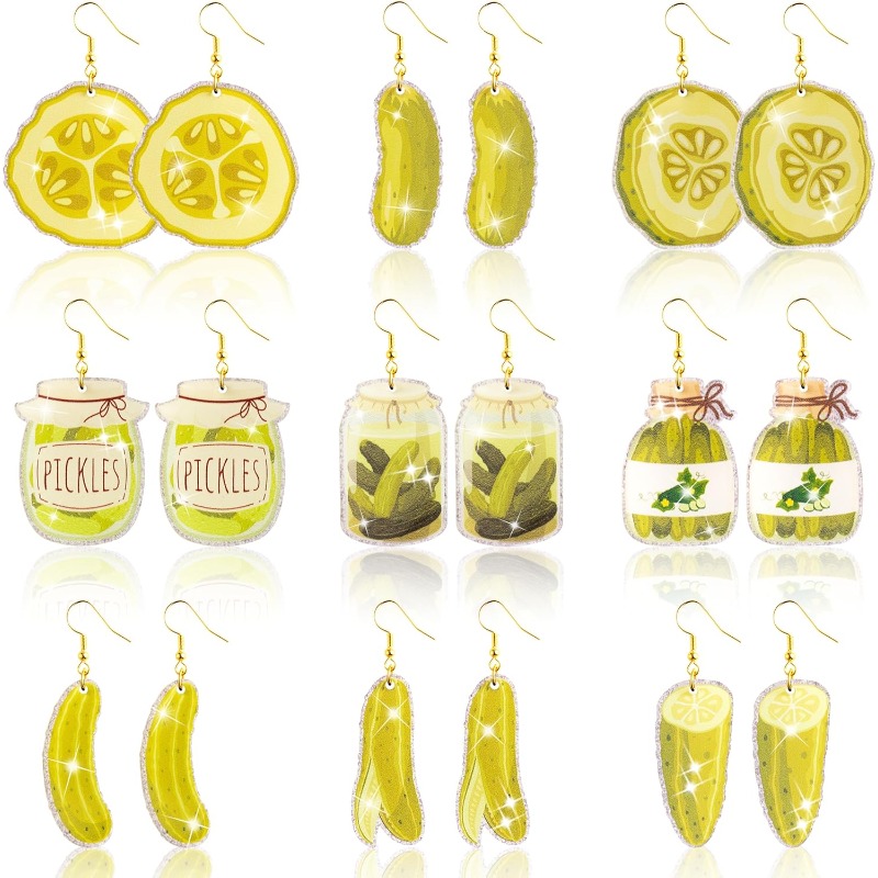 TEMU 2d Flat 9 Pairs Cute Pickled Cucumber Pendant Earrings, 2d Acrylic Cucumber Jar Pendant Earrings, Fun Food Earrings, Daily Wear Gift For Pickled