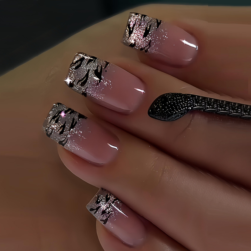 TEMU Show Your Beauty 24pcs Square Classic Elegant Pink Glossy Shiny Silvery Loose Powder Leopard Print Spotted Glossy Fake Nails, Fashionable And