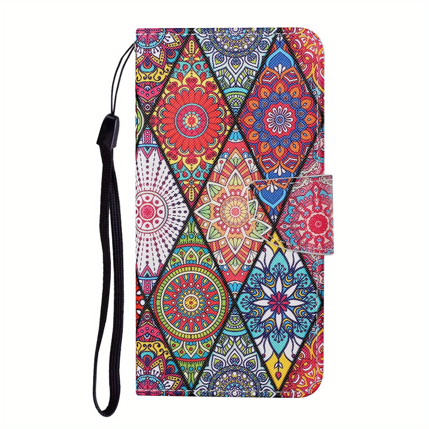 TEMU Phone Case: Diamond Totem Painted Synthetic Leather Case, Simple Women' Folding Edge Synthetic Leather Flip Phone Case With Lanyard, Card Slot,