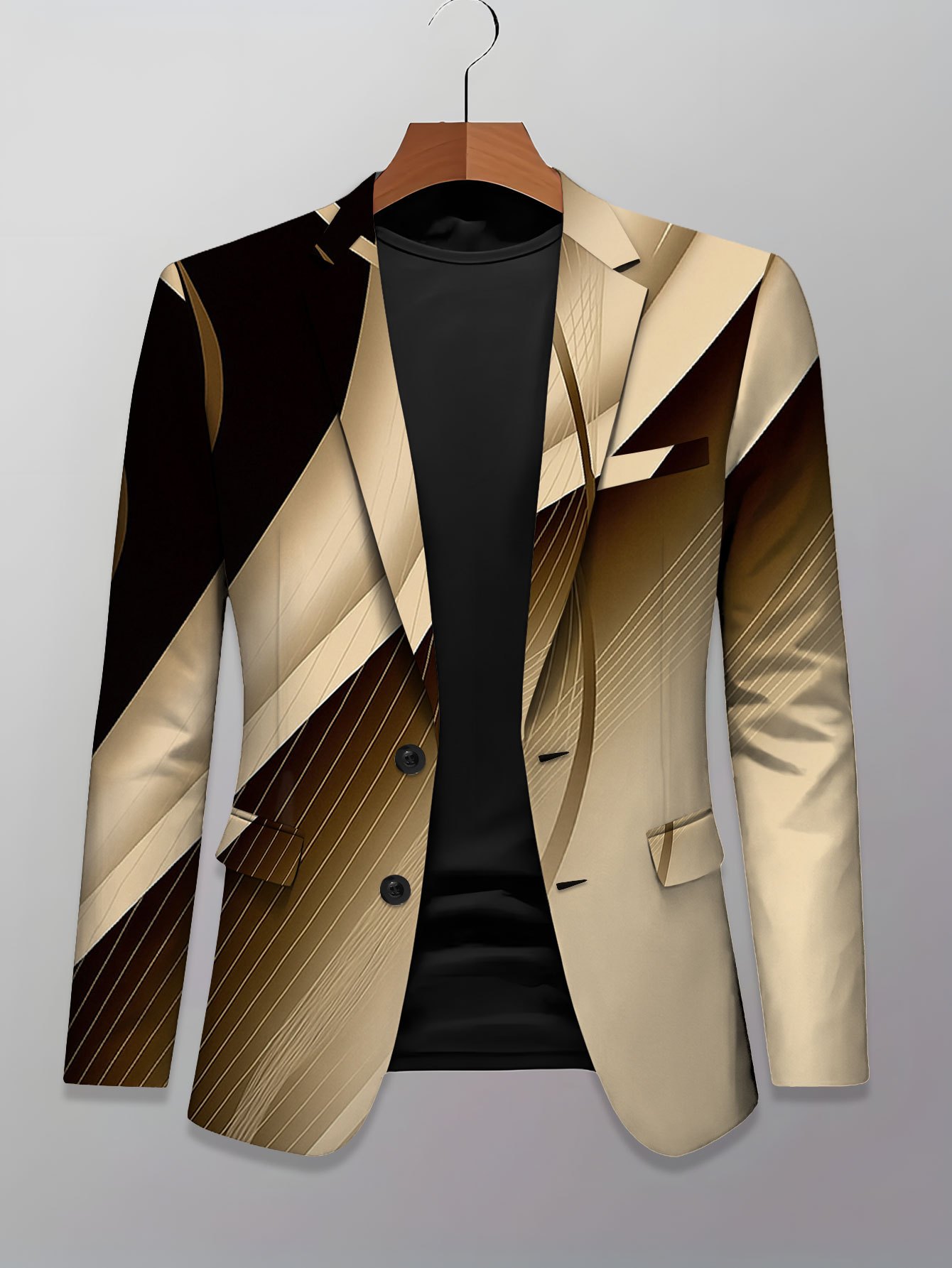 Fashion Men's Suit Jacket - Digital Print Contrast Color Two-Button Business Formal Coat in Brown and Black with Abstract Streamlined Curve Lines, Streetwear Style, Casual Comfortable Versatile Slim Fit Men's Suit Top