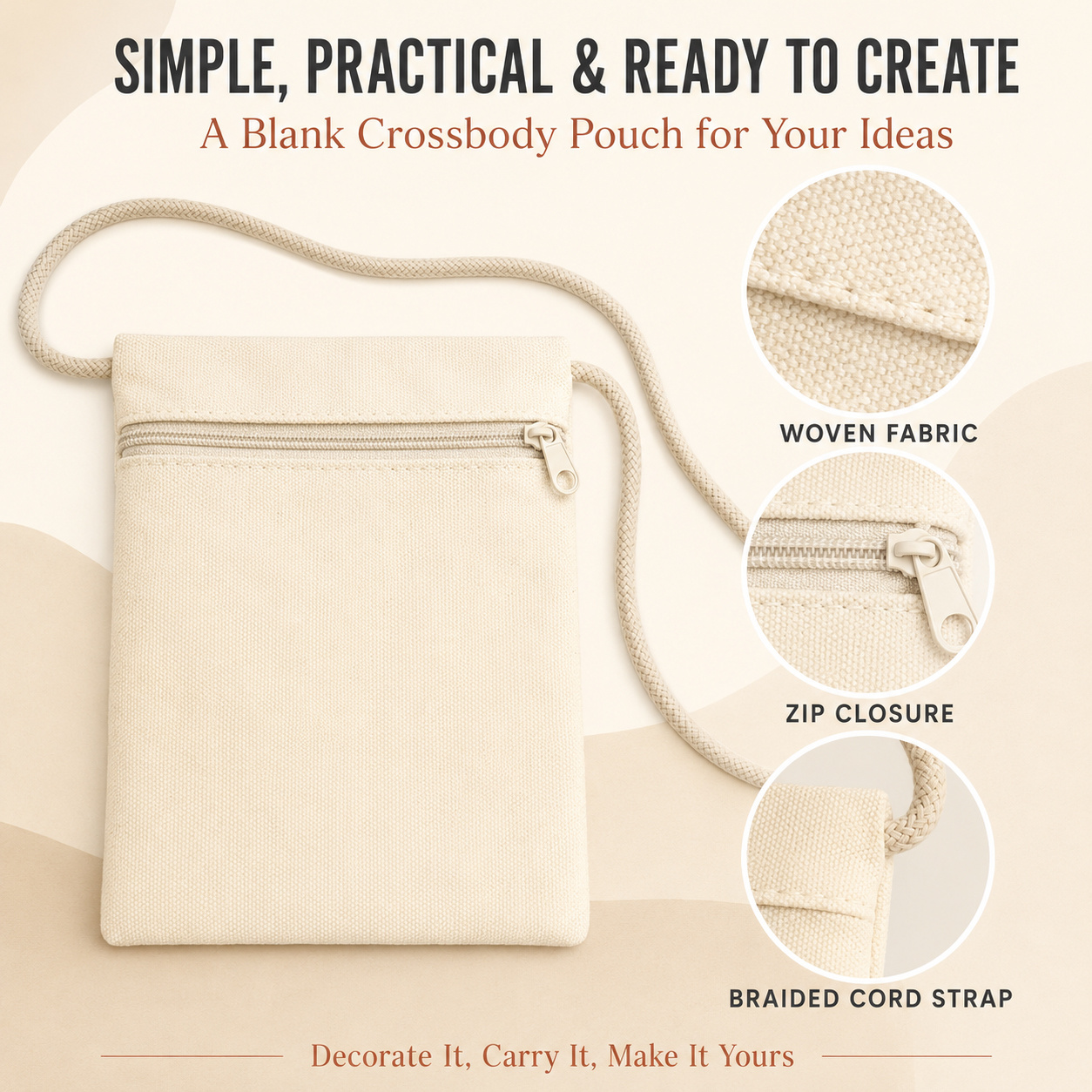 lot de 5 sacs bandoulière vierges avec fermeture éclair, pochettes dépaule en tissu avec sangle en corde tressée, sacs à bandoulière   réutilisables pour   pour peinture, loisirs créatifs et     décontracté