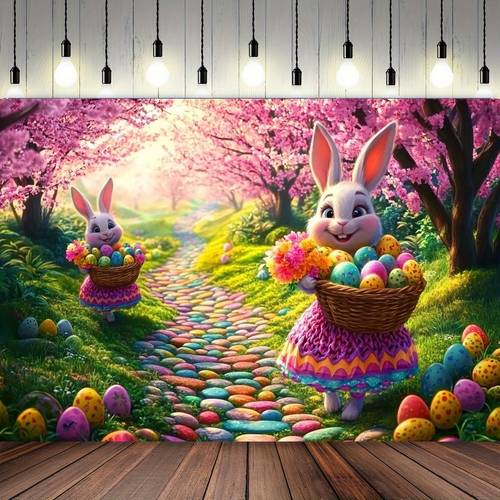 1pc bright easter bunny fairy banner vibrant spring scene with adorable bunnies colorful eggs cherry durable polyester indoor outdoor decor for photography birthdays weddings graduations 39x59 51 18x59 70 8x90 5 inch festive room decoration whimsical design print