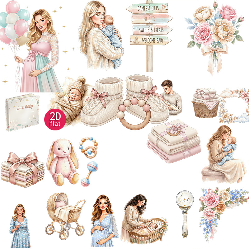 TEMU 2d Flat 20pcs Watercolor Pregnant Mother And Newborn Decorative Stickers, Sweet Theme Scrapbooking Supplies For Journal, , Notebook, , Diaries,