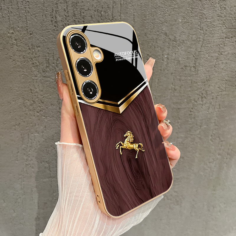 TEMU Custodia per telefono - Custodia per telefono in vetro con motivo a dorati e del legno di fascia da per Galaxy S25/S25 Ultra/S25 Plus/S25