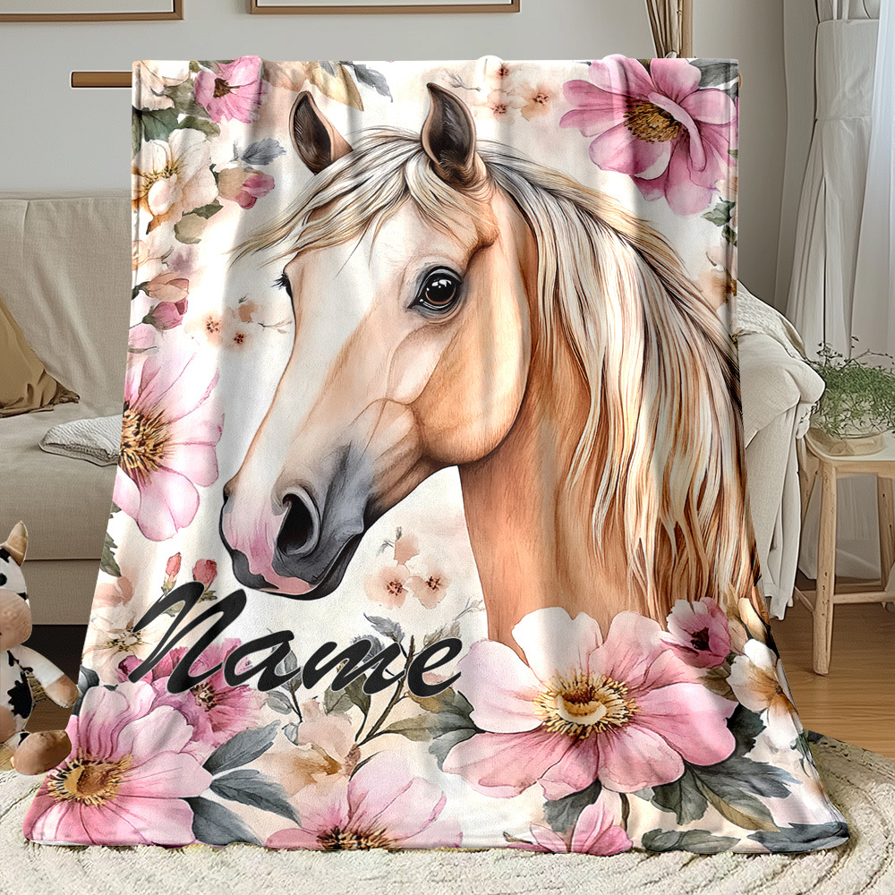 TEMU [custom] 1pc Horse With Flowers Custom Name Blanket - Lightweight Suitable For Sofas, Travel, Camping, Living Rooms, Offices, Sofas, Chairs, And