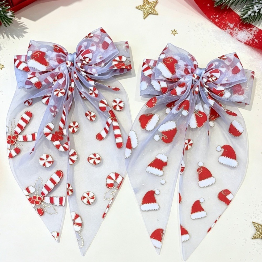 TEMU 2pcs 1 Pack Women's Headwear Multicolor New Christmas Bow Long Tulle Spring Clip Red Cane Hat Printed Pattern Hair Accessory Hair Clip