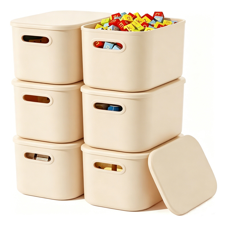 Image of 6pcs Colored Plastic Storage Boxes, Desktop Home Drawer Storage Basket, Snack Covered Organizing Basket, Kitchen Storage Box