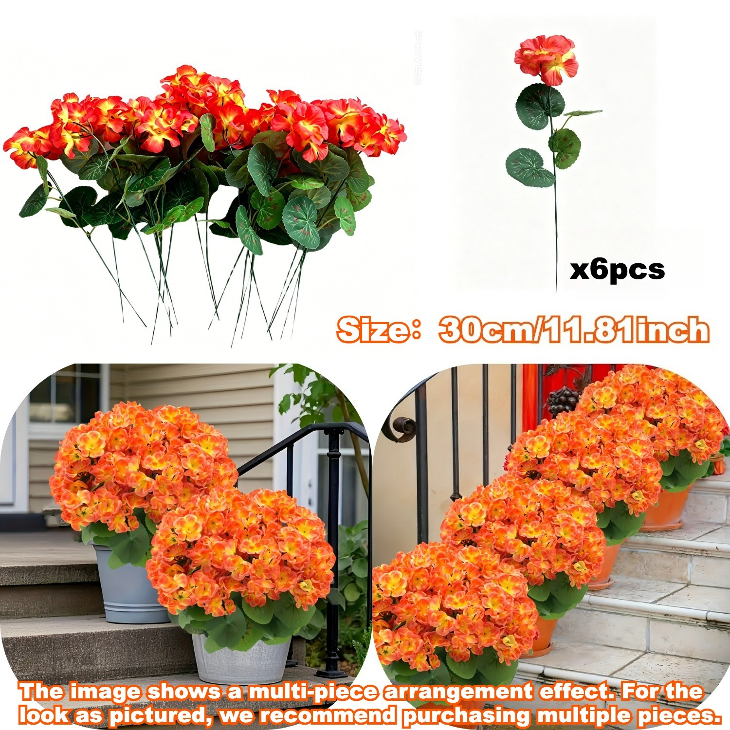 TEMU 30pcs Flowers = 6pcs Uv-resistant Geraniums - Bright Autumn Orange Flowers With Green Leaves, Suitable For Indoor And Outdoor Decorations,