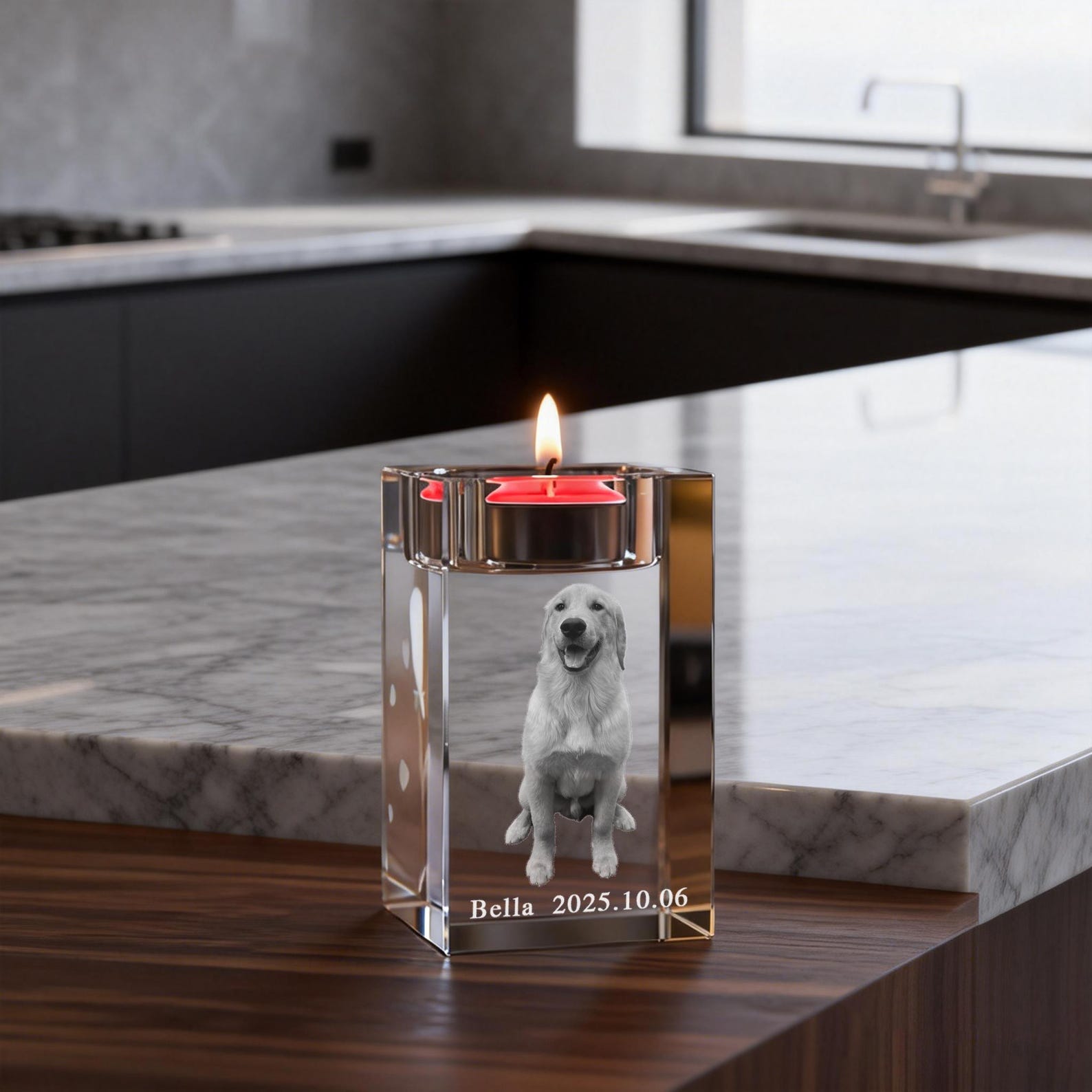 Pet Memorial Custom 3D Crystal Photo Candle Holder: Engraved Tealight Gift, Photo Crystal Candle Holder, Laser Engraved Pet Memorial Gift, Eternal Keepsake, Anniversary Gift