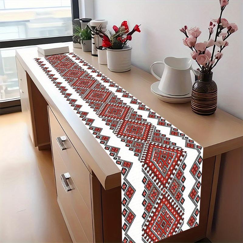 TEMU Chemin de table à motif géométrique de style ethnique, nappe décorative rétro rouge et blanche à motif de losanges, chemin de table pour table à
