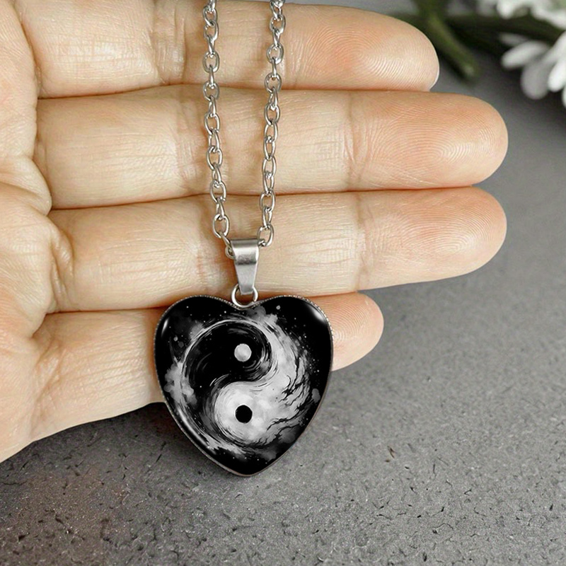 Yin Yang Heart Shaped Glass Dome Pendant Necklace, Handmade