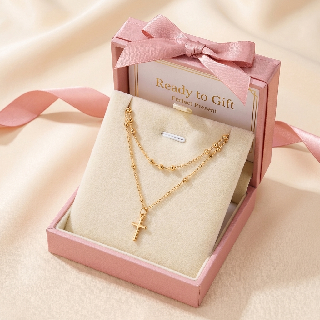 Plated Double-Layer Cross Pendant Necklace — Retro Layered Design