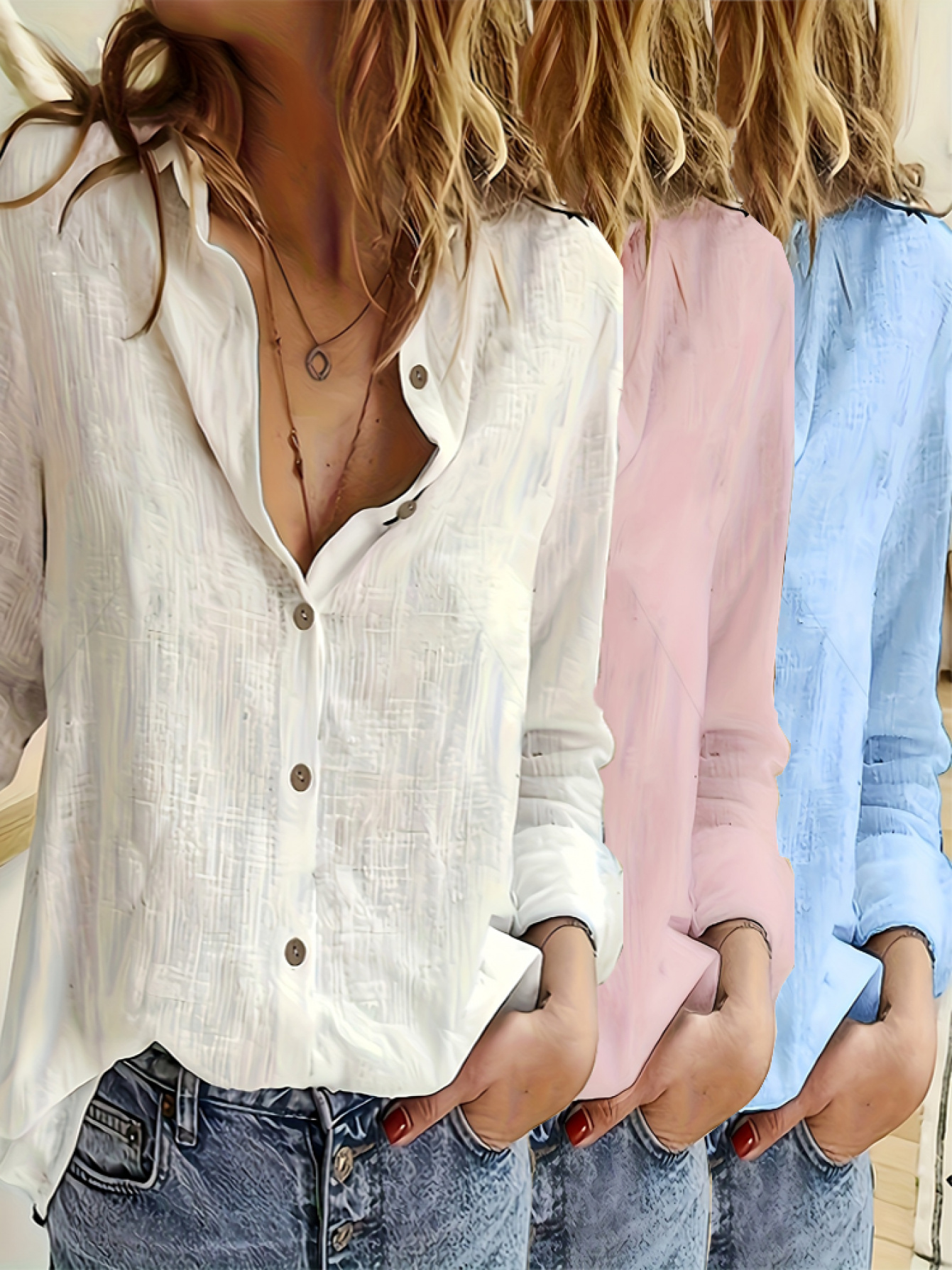 Women's Linen Button Down Shirt - V Neck 3/4 Sleeve Blouse For Vacation & Casual Wear