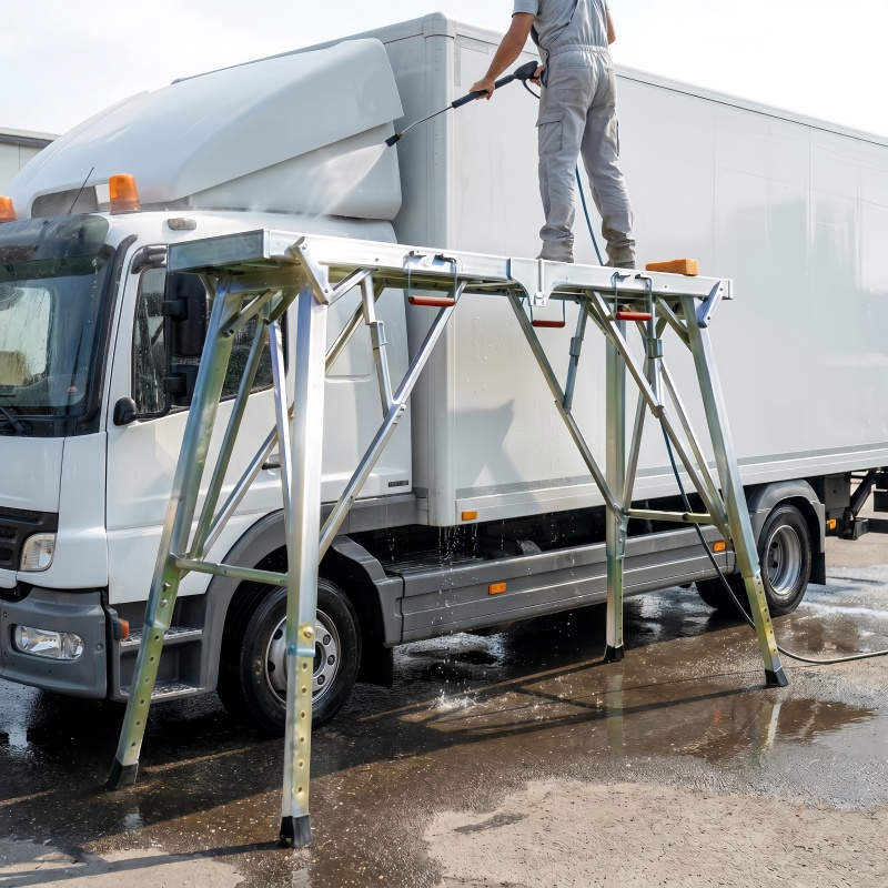 item picture height adjustable heavy duty scaffolding portable folding work platform   with non slip base and sturdy frame ideal for truck washing semi trailer maintenance rv roof cleaning and commercial vehicle exterior repair